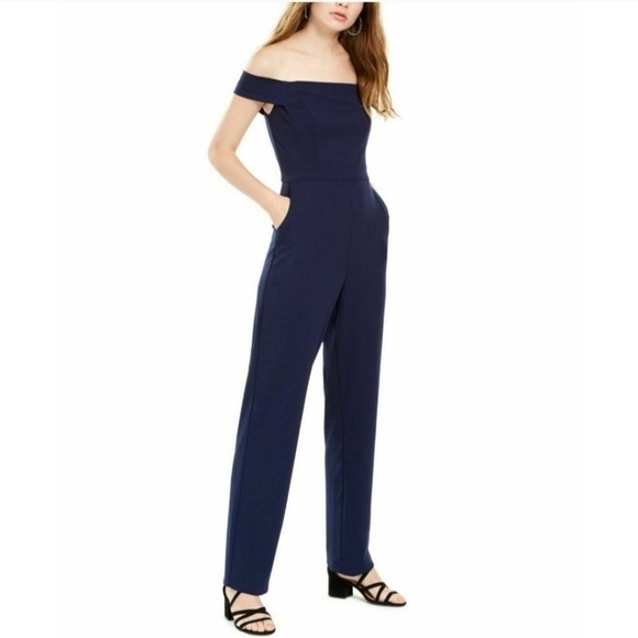 Teeze Me Navy Blue Off The Shoulder Pants Jumpsuit With Pockets Size 3/4 - Picture 1 of 10